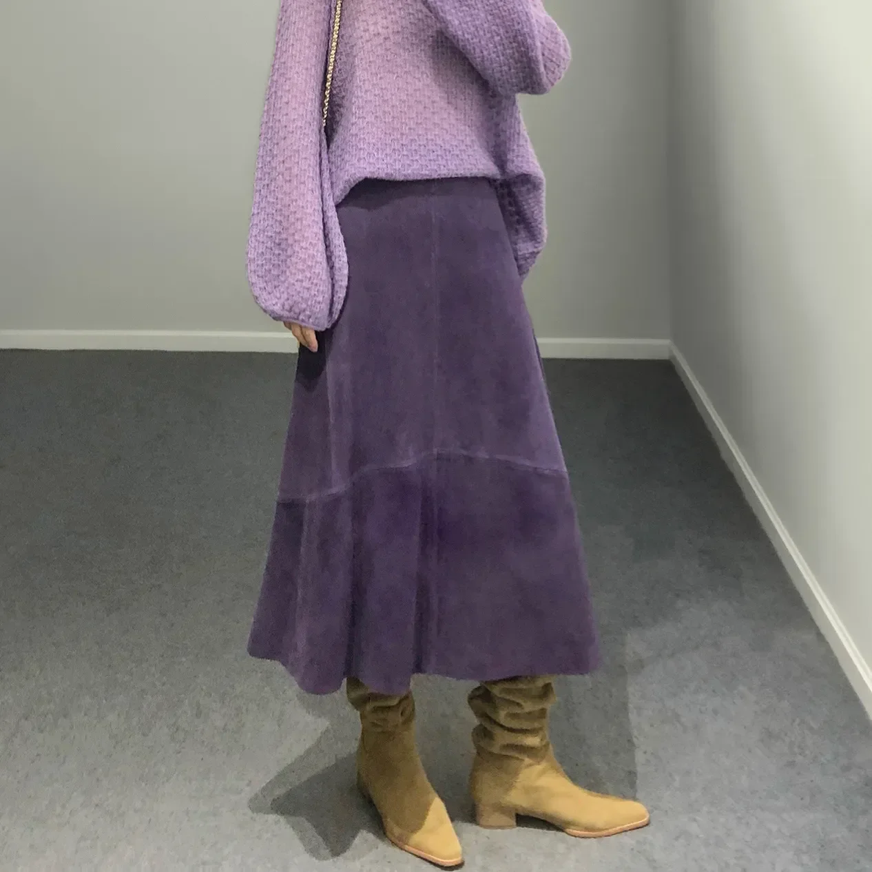 2024 Women Purple Suede Leather Skirt Trend Winter Harajuku Big Hem 85 cm Long Faldas Mujer Chic Bohemian 100% Leather Dress