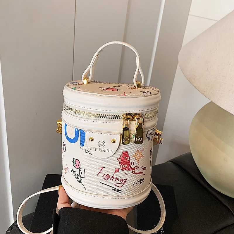 

Round Bucket Crossbody Bag For Women Cute Cartoon Printing Handbags Zipper Flap Mini Small Bag Female Tote Designer Shoulder Bag