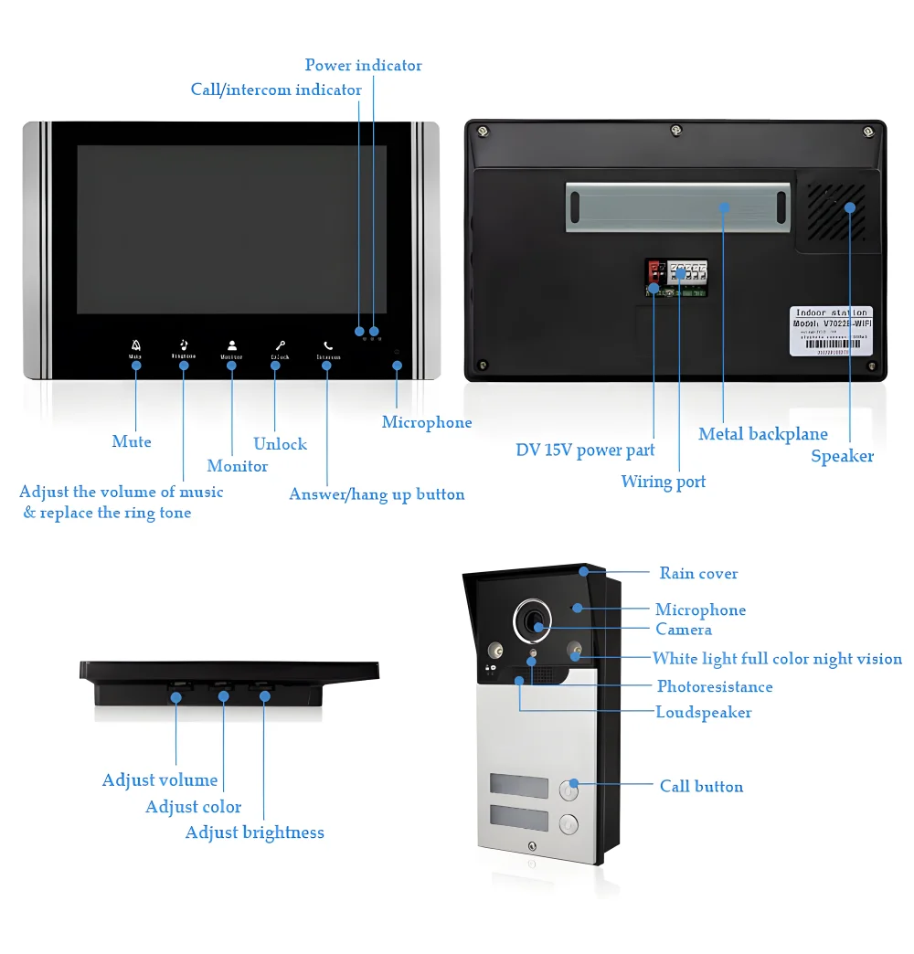 7 Inch Apartment Intercom System Touch Screen Tuya Wifi Video Door Entry System for 2 3 4 Homes Villas Video Door Phone Doorbell