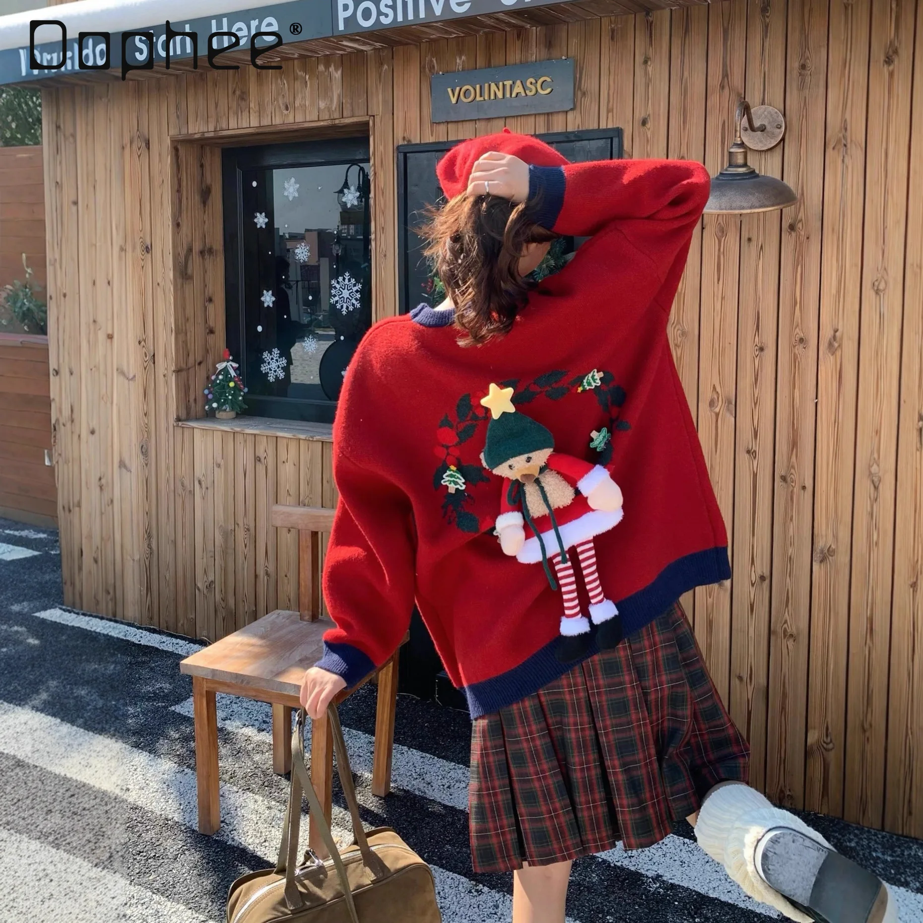 2025 الخريف الشتاء النسخة الكورية فضفاضة عيد الميلاد الدب بروش أنيق الرجعية جو البلوز سترة المتضخم سترة #1