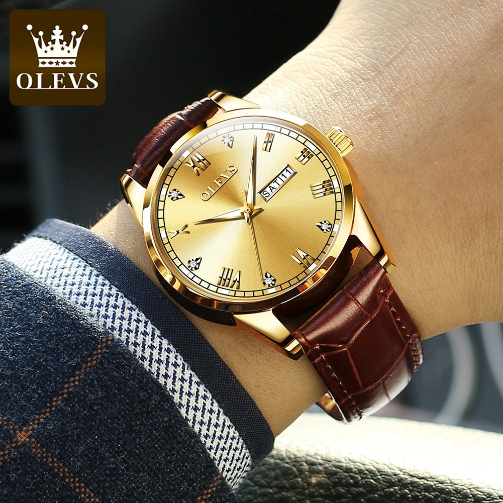 Olevs 6896 Mode Quarzuhr Echt leder Armband Rund zifferblatt Woche Display Kalender leuchtend