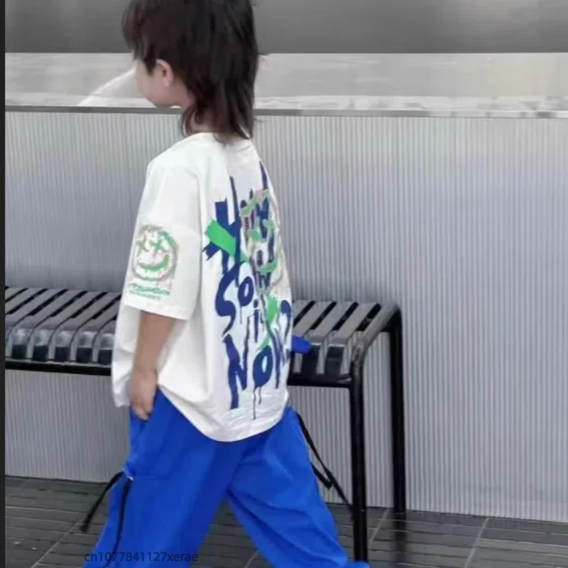 Girl's Jazz Dance Performance Dress, Children's Summer Loose Street Dance Performance Dress, White T-shirt+Blue Pants Set