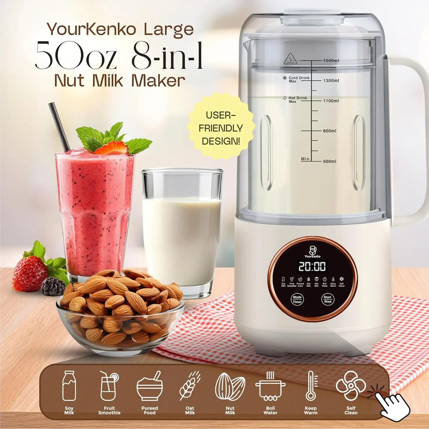 

New 8-in-1 Nut Milk Maker 50 oz– Almond, Soy, Oat, Coconut Milk, Dairy-Free Milk, Plant-Based Milk, Smoothie with 12 blades