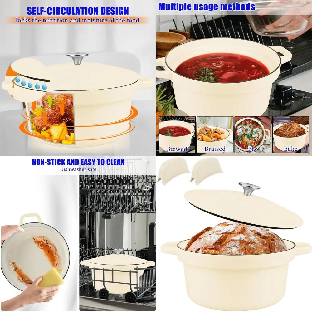 

Enameled Cast Iron Dutch Oven Pot with Lid, 10-Piece Non-Stick Baking Bread Liners, Oven Safe, White