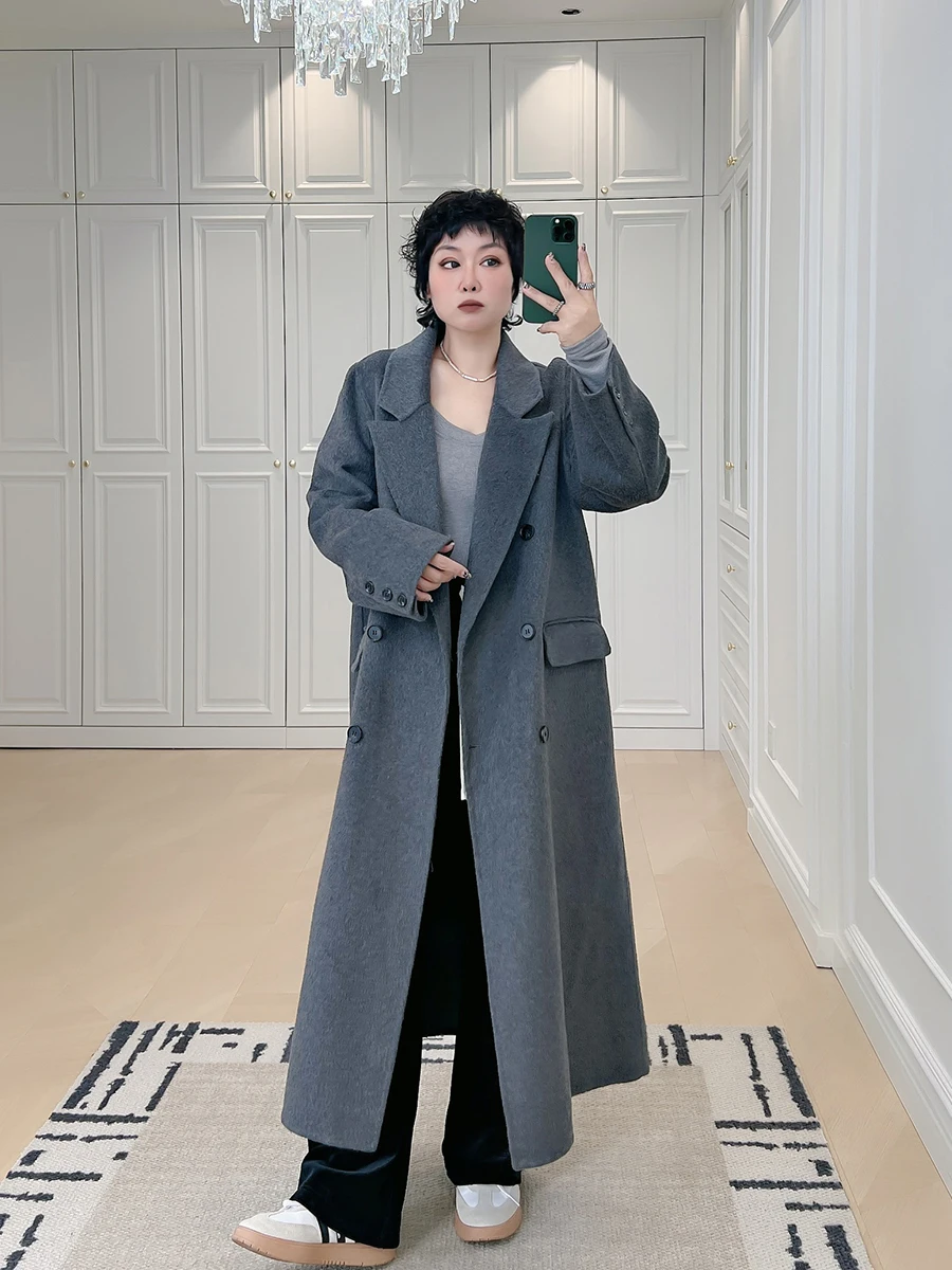 

Новинка 2025, женское двустороннее шерстяное пальто больших размеров, длинное пальто с волнистыми плечами, корейская повседневная верхняя одежда для женщин больших размеров