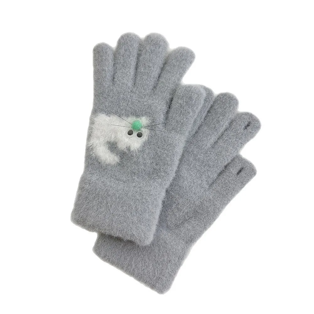1 Pair New Warm Women's Winter Glove Knitted Thickened Cute Cat Jacquard Glove Faux Mink Fur Stretchy Fleece Lined Glove Outings