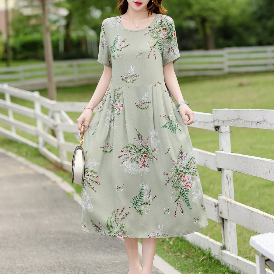 New 2024 Summer Dress Long Vintage Loose Women Elegant Sundress Short Sleeve Dress Casual O-neck Dresses Print Plus Size