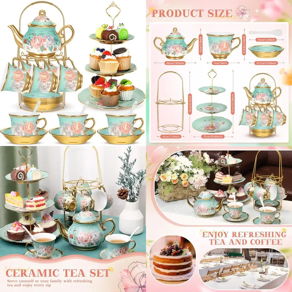 

Фарфоровый чайный сервиз для вечеринок с металлическим держателем, подставкой для кексов и керамическими аксессуарами для женских чайных вечеринок