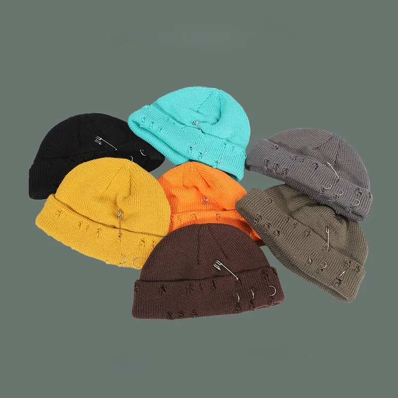 7 Colors Fashionable Ladies Winter Warm Knitted Caps 3 Metal Ring Buckled Hat Cool Pure Hip Hop Hats for Women
