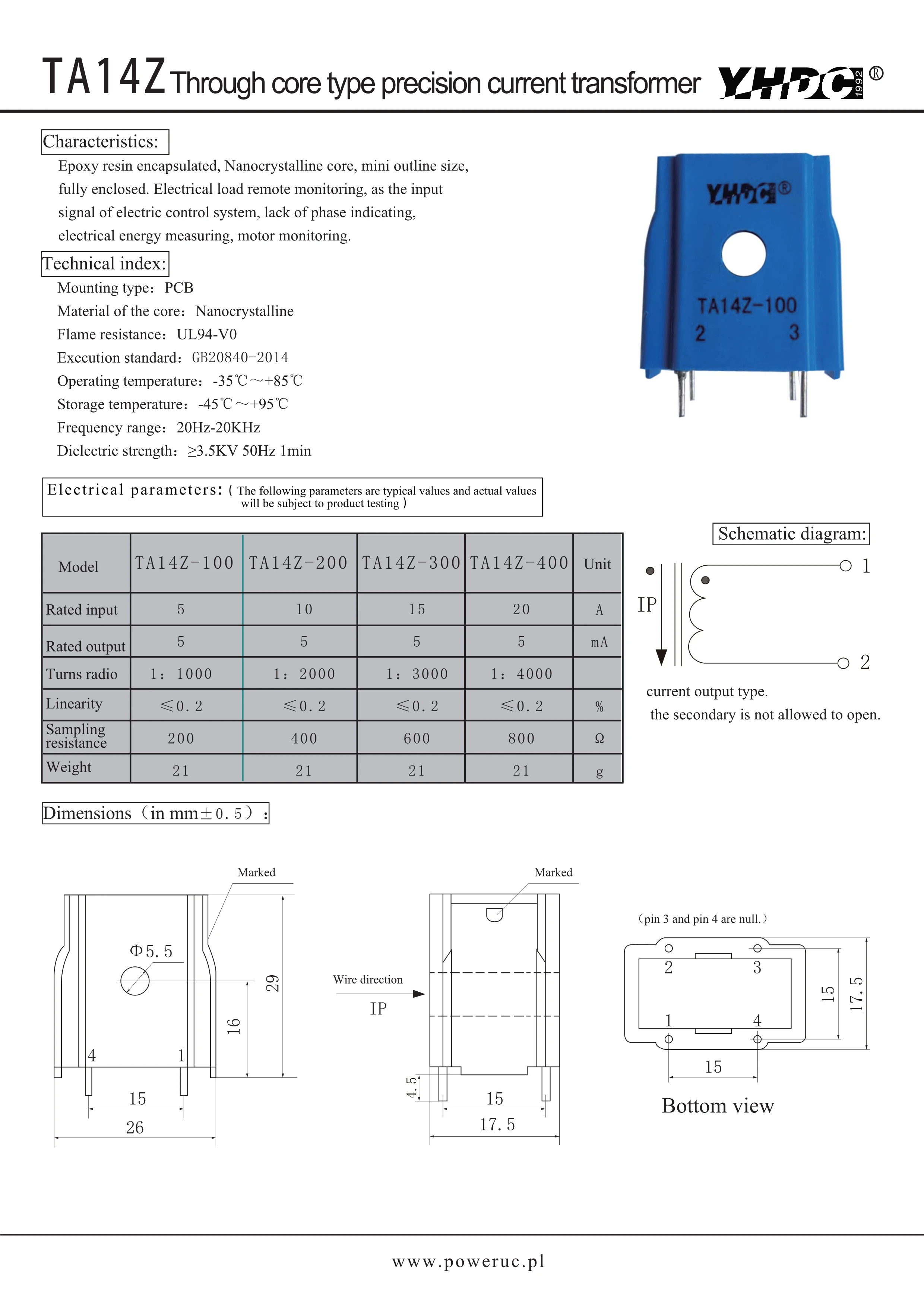 YHDC TA14Z-100/200/300/400 Input 5A/10A/15A/20A Output 5mA Through Core Type Precision Current Transformer