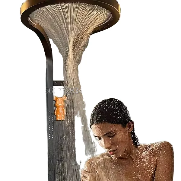 Large Waterfall Black Shower Wall Hanging Full Copper Pressurized Ring Bathroom Shower Screen Set Rain Jet Spray Brass Brushed