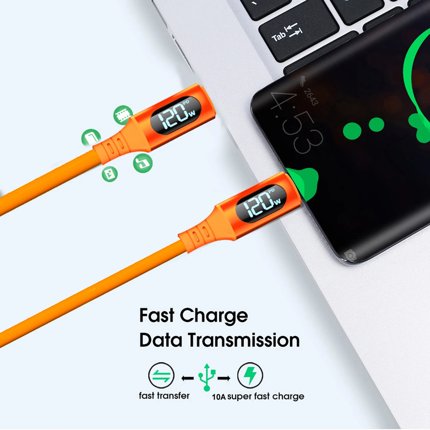 Silicone 120W Type C to C Digital Display Fast Charge Wire Power Monitor Cable 1m 2m Dual Lengths Optional，Micro USB 0.3m Cable