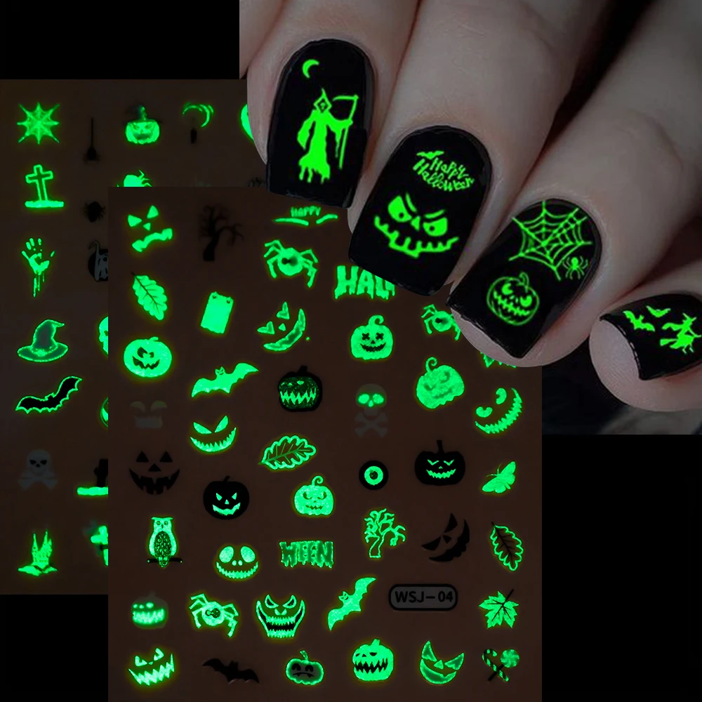 

3D Halloween Luminous Nail Stickers - 1PCS Glow in The Dark Nail Art Decals Green Skull Spider Web Ghost Nail Art Sliders Design