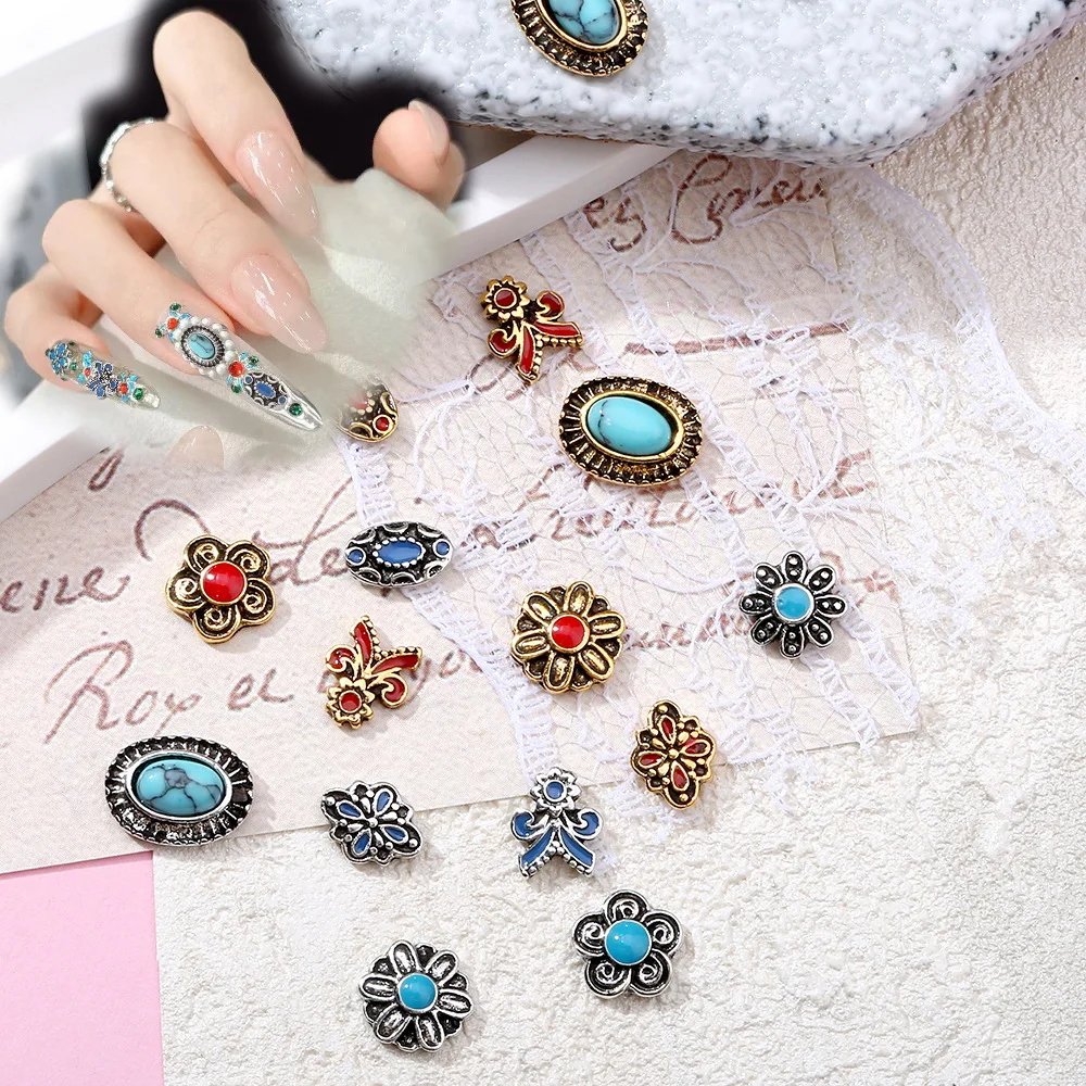 Vintage Bohemian Alloy Press Ons Nails Charms 3D Ethnic Enamel Drops Accessories For Wedding/Party DIY Nail Design Art Wholesale