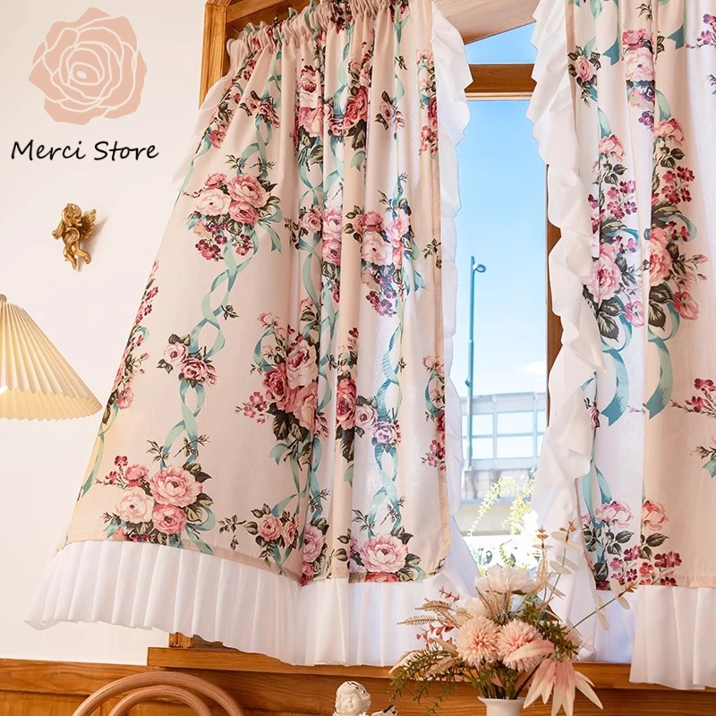 

Merci Store French Romantic Retro Pastoral Princess Curtains Tulle for Living Room High Blackout Window Ruffle Half Drapes