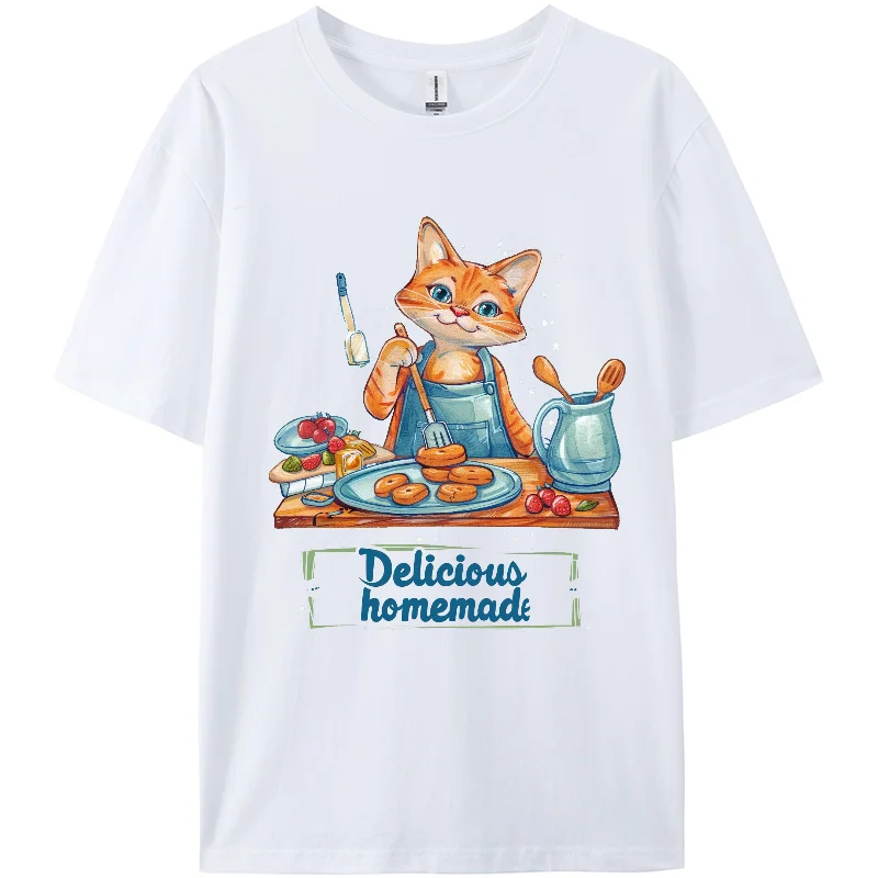 Y2K,Summer Casual T-shirts,Delicious Homemade Cat Print TShirt,Berserk Women Short T-shirts, Short Sleeve, Holiday wear,For Girl