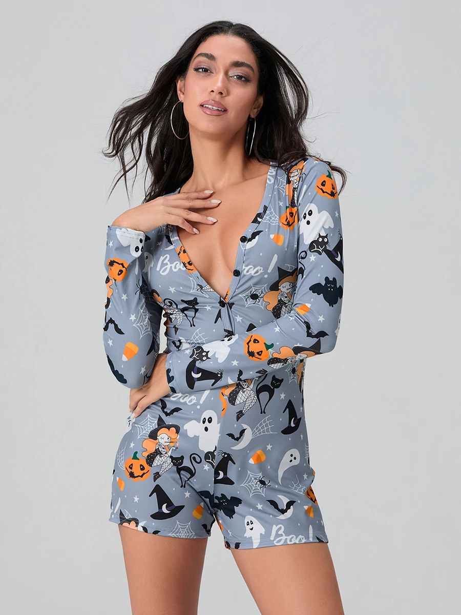 Women Halloween Short Romper Pajamas Ghost Print Sexy Bodycon Long Sleeve V Neck 1Piece Sleeper Jumpsuits