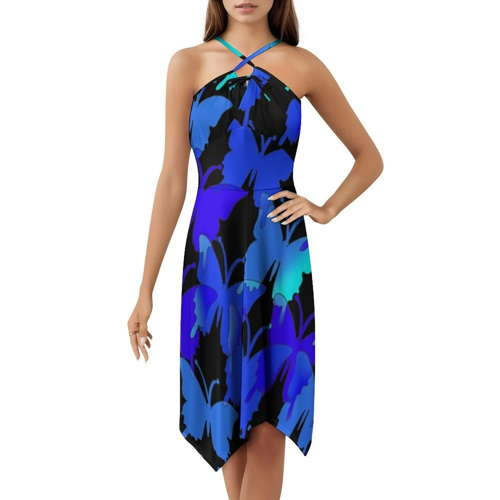 Butterflies Blue Lilac Black Sky Retro 80S And 70S Art Vintage Bohemian Dress Puff Sleeve Or Sleeveless Options For Women Dress