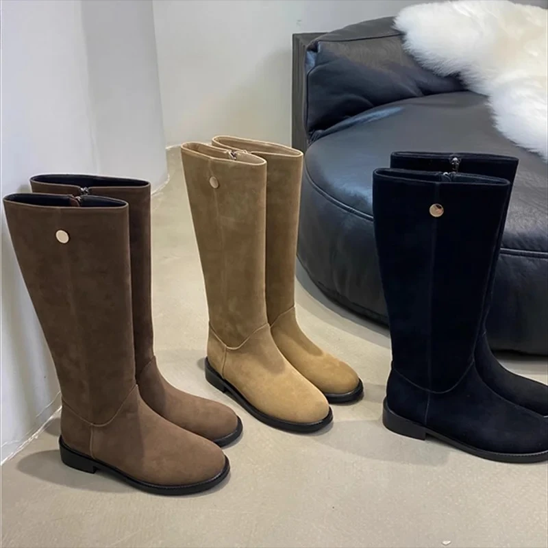 

Винтажные женские ковбойские сапоги на низком каблуке в стиле вестерн, модные женские замшевые длинные ботинки современного рыцаря, botas de inverno feminina