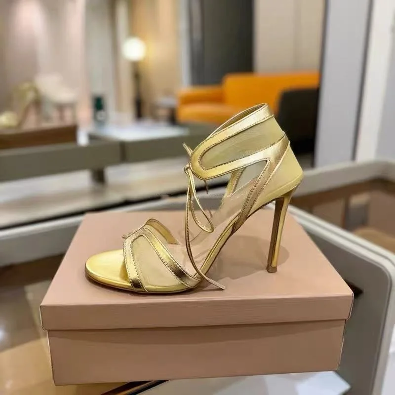 

European and American Sexy Hot Girl Mesh Gauze Roman Cool Boots Women's Summer Open Toe Cross Strap High-heeled Sandals