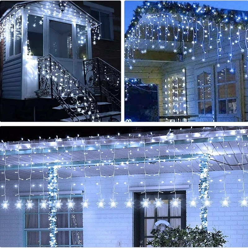 Guirnalda de luces LED con copos de nieve de Navidad, luces de cortina de hadas intermitentes para fiestas, bodas, decoración navideña, artículos para el hogar