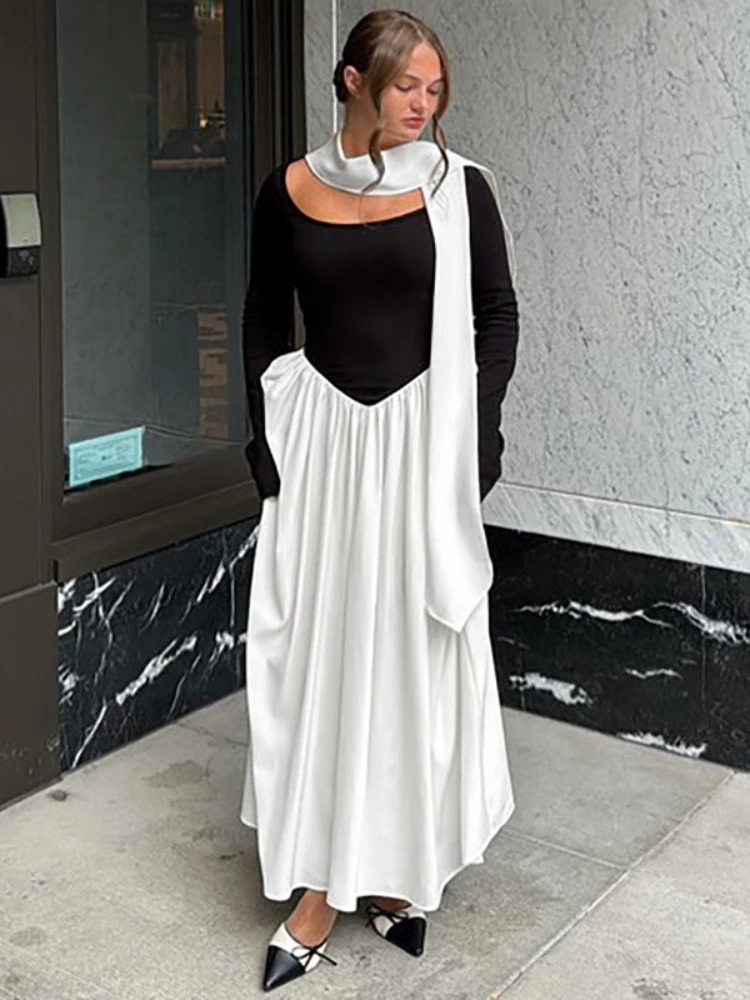 Abiti da donna Fasciatura Abito da sera patchwork a maniche lunghe Moda femminile Tuniche a vita alta Abiti da ballo lunghi a trapezio increspati