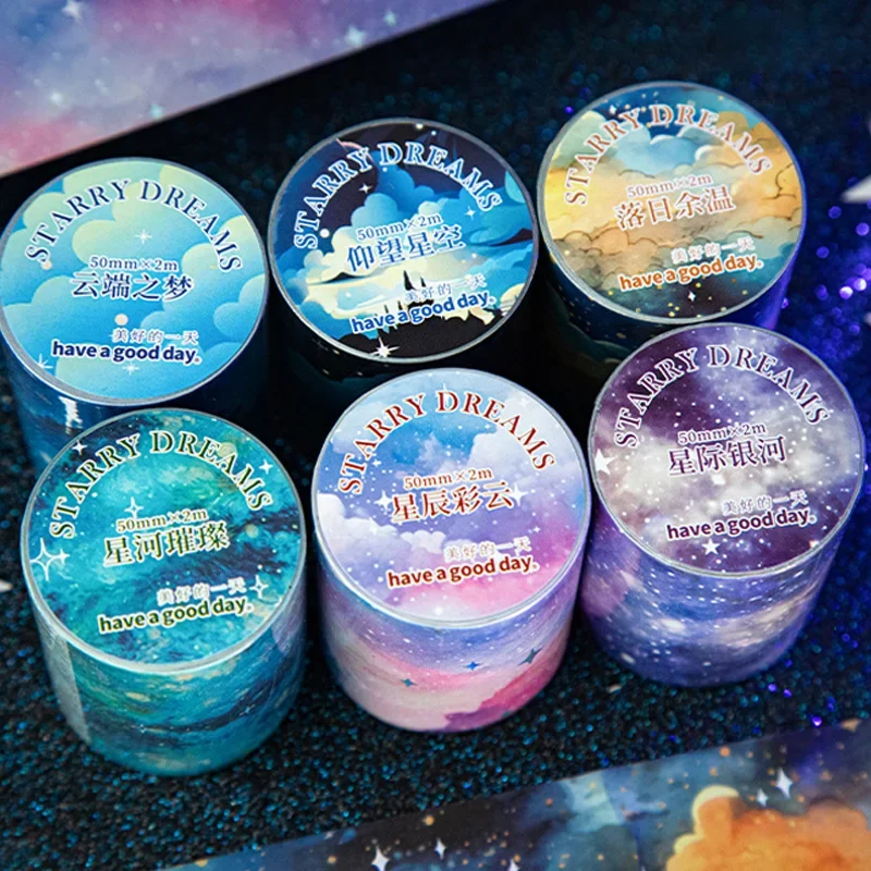 Mr Paper, 1 style 6 rolls/bag ‘Starry Dreams’ series laser silver starry sky themed tape kawaii tape set colourful tape