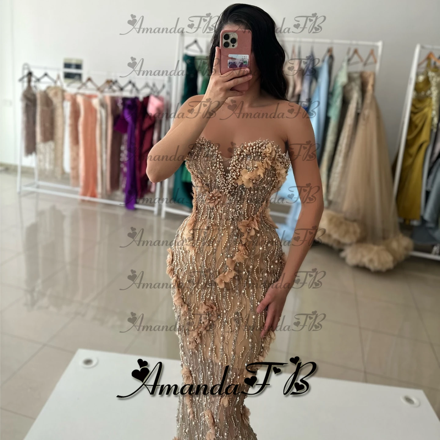 أماندا فساتين سهرة رائعة مطرزة بالخرز لؤلؤ البوق على شكل قلب زهور ثلاثية الأبعاد فستان رسمي للحفلات فيستدوس دي فييستا مخصص #3