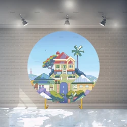 Custom Blue Dog House Round Backdrop with Elastic Birthday Backdrop Baby Shower Photography Personalized Event Party Background