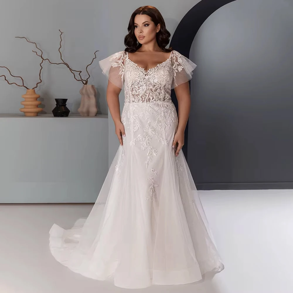 Customized Plus Size Mermaid Wedding Dress Spaghetti Straps V Neck Detachable Sleeves Lace Applique Backless Bridal Gown