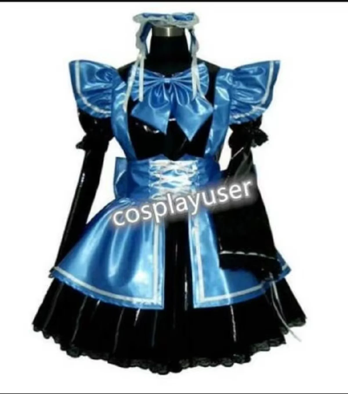 

Gothic Hot Selling Sissy Crossdresser Party Daily Unisex Dress Blue Satin Lace up Apron Bowtie Lockable Dress Role Playing Dress