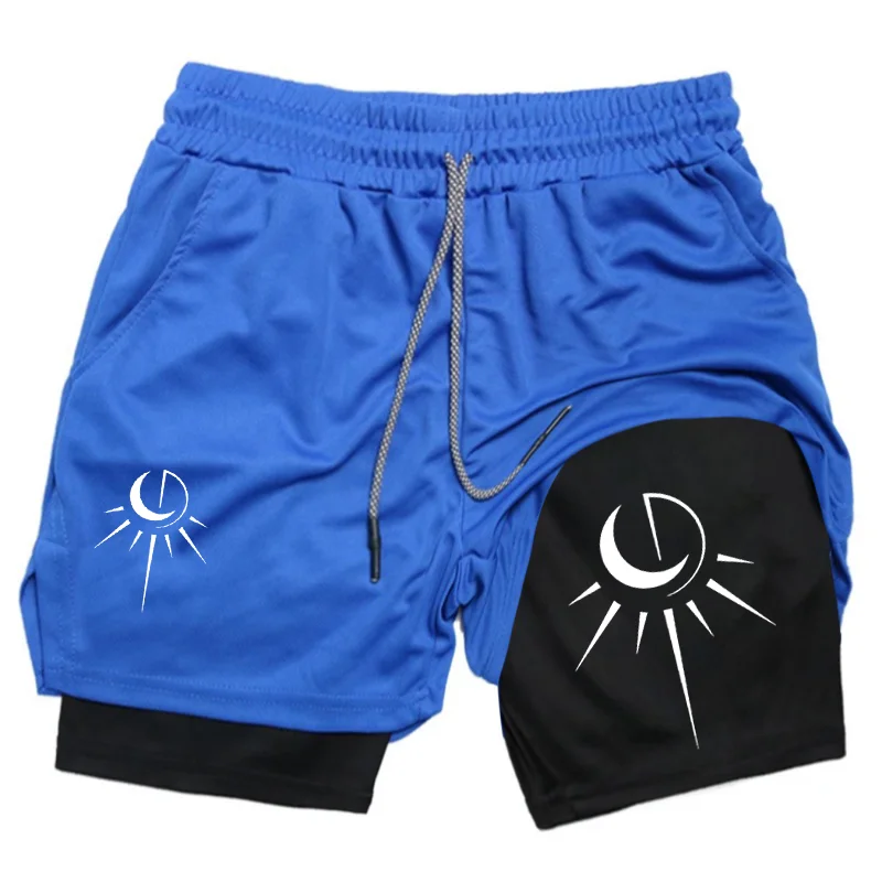 

Мужские шорты для занятий спортом с принтом солнца и луны, компрессионные шорты 2 в 1 для бега, спортивная одежда для тренировок в тренажерном зале, шорты для тренировок с карманами