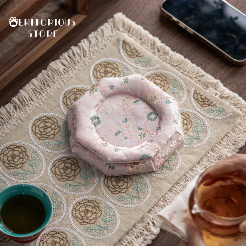 الوقايات الصينية الأصلية الجديدة زن أغنية الديباج قاعدة أكواب شاي قواعد أكواب مثمنة لتغطية حامل الكأس اليدوية أسفل الوعاء #4