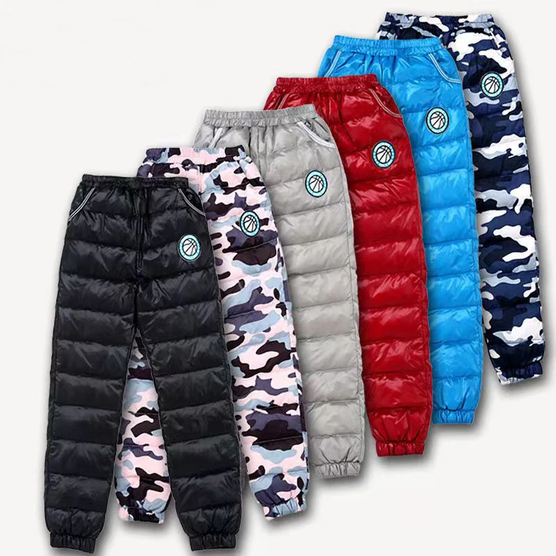 Casual White Duck Down Pants for Big Boys Winter Thicken Warm Trousers Girls Camouflage Add Wool Outerwear Waterproof Leggings