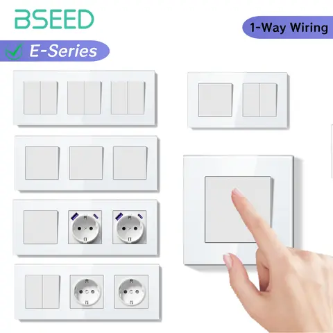 BSEED Switch Light Switch White Glass Frame Wall Power Sockets USB-C Phone Charge E-Series EU Standard 1/2 Way