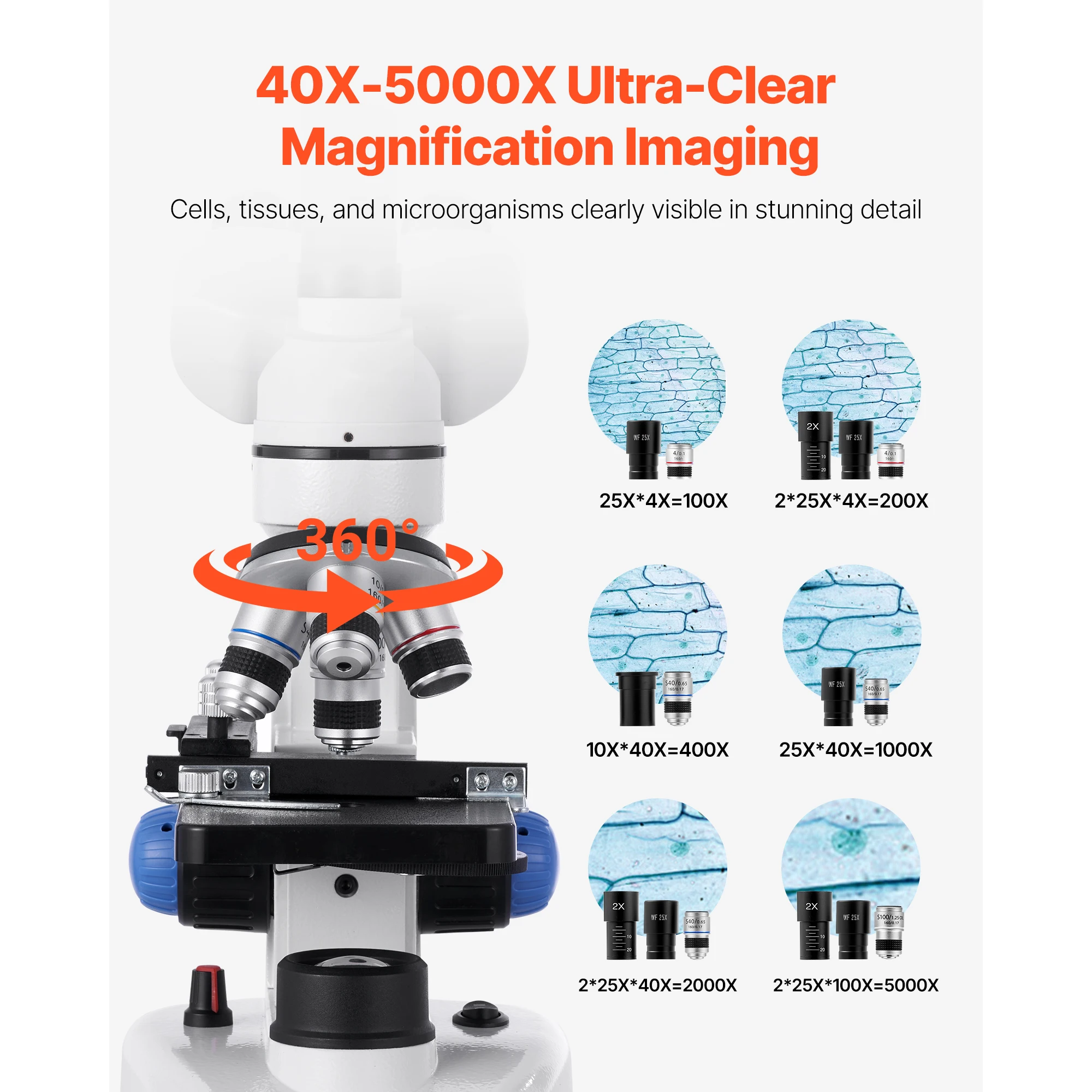 Trinocular Microscope, 40-5000X Magnification, Professional Compound Microscope for Adult with Phone Adapter, LED Light, Aluminum Alloy Body, School, Home, Education, Designed for Lab