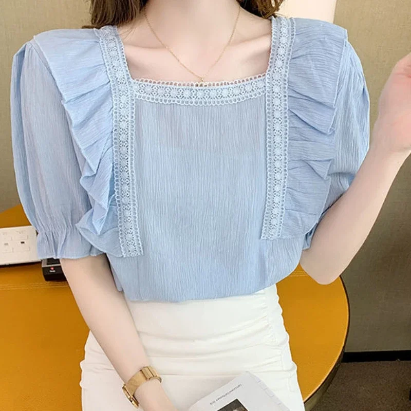 With Puffy Sleeves Shirts & Blouses For Women Chiffon Clothing TWoman Top Rend 2024 New Collection Basic Economic High Quality