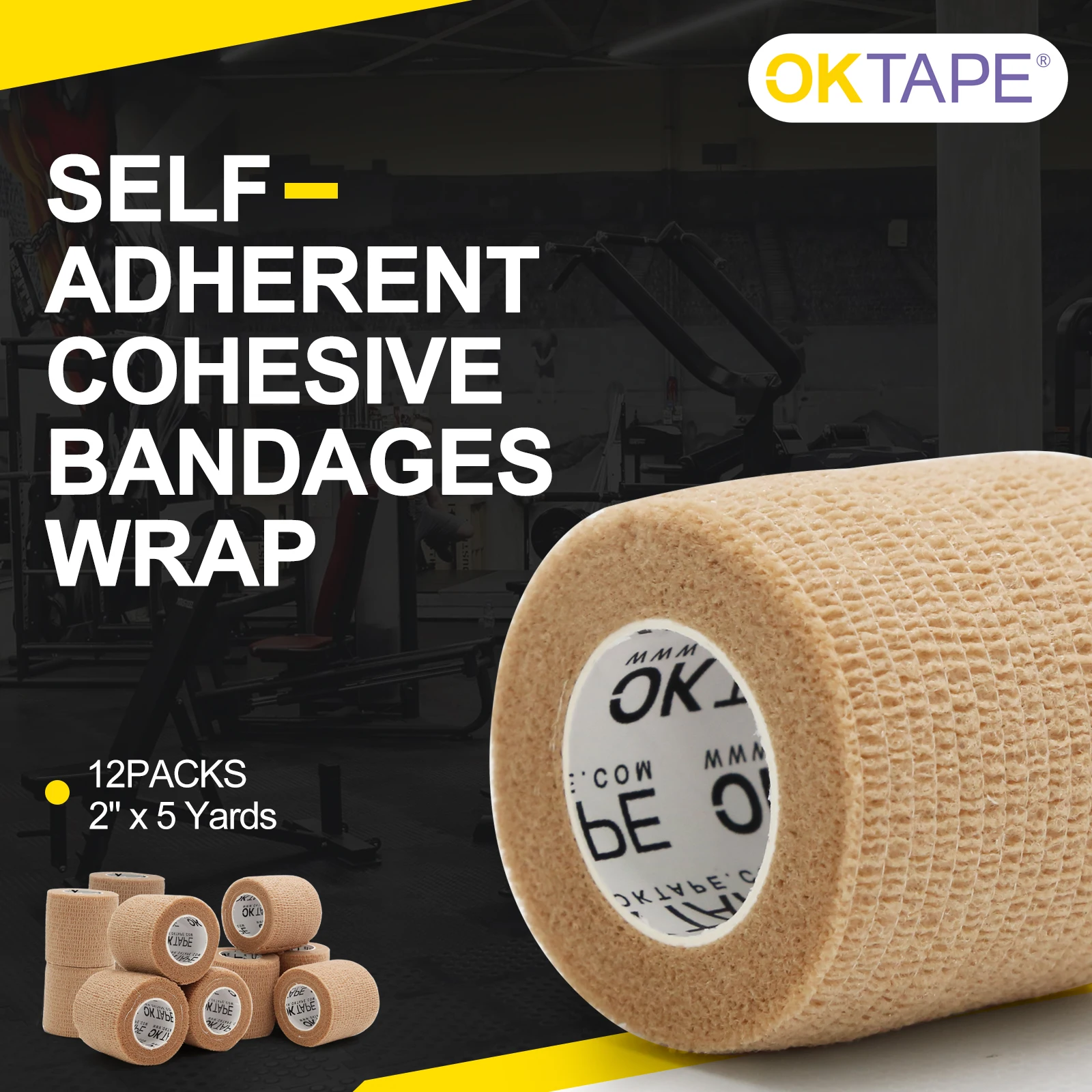 OK TAPE 12Packs Self Adherent Cohesive Bandages Wrap 5cmX4.5m, Non-Woven Self Adhesive Bandage Fitness Gym Thumb, Wrist, Ankle