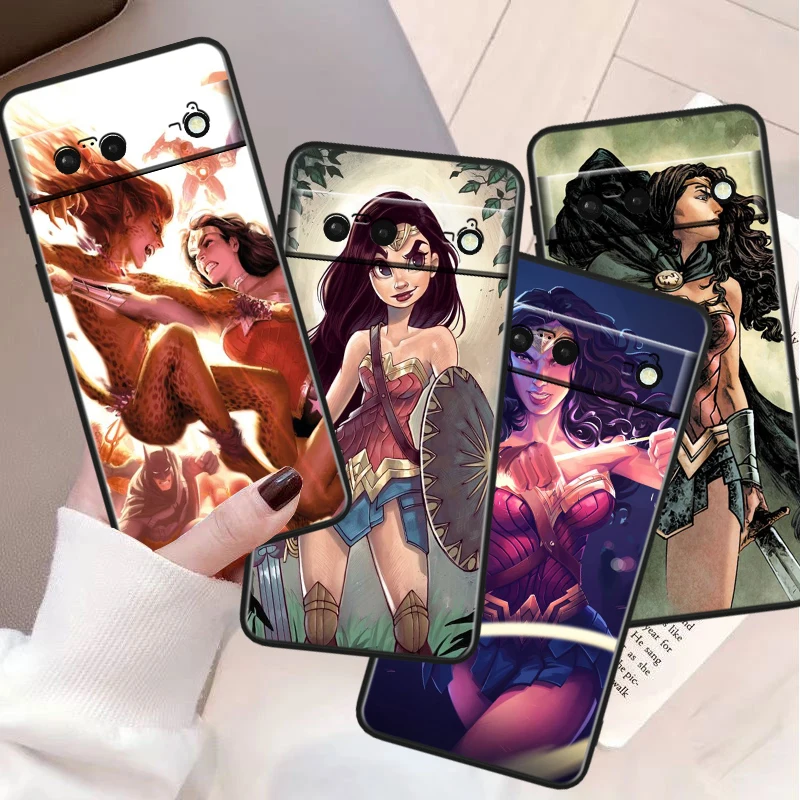 Cute Wonder Woman For Google Pixel 8 7A 6A 5A 5 4 4A XL Pro 5G Black Soft Shockproof Phone Case