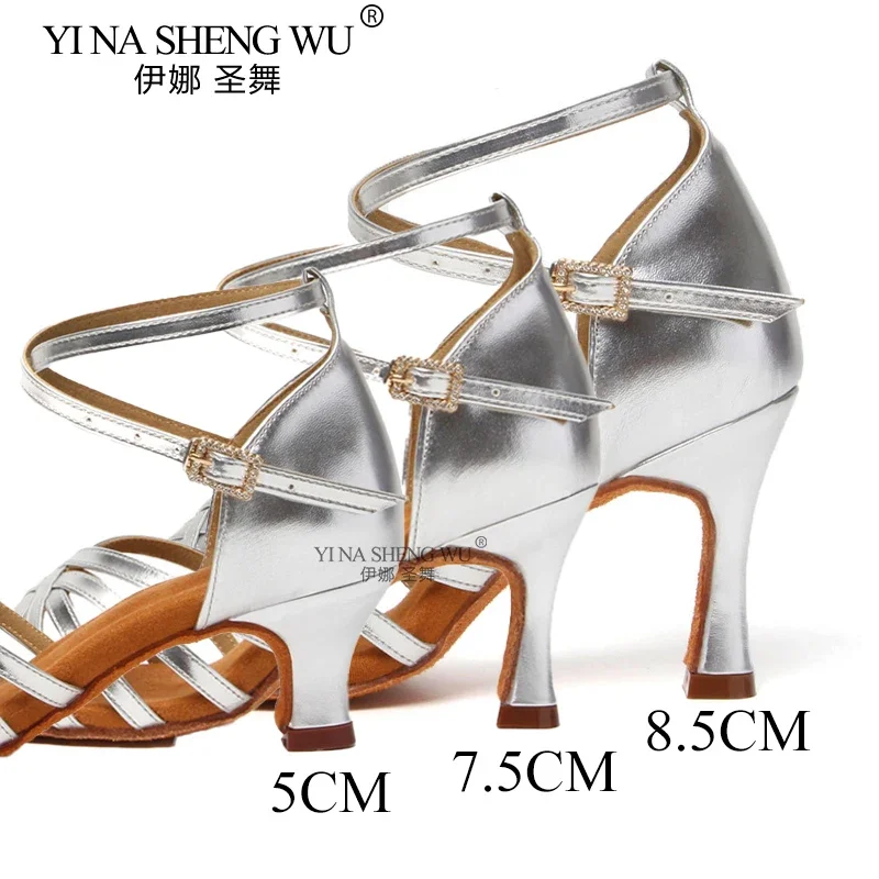 Latin Dansschoenen Volwassen Vrouwen Professionele Latin Dance Hoge Hakken 8.5 cm Suède Zolen Zilver Ballroom Tango Dansen Oefenschoenen
