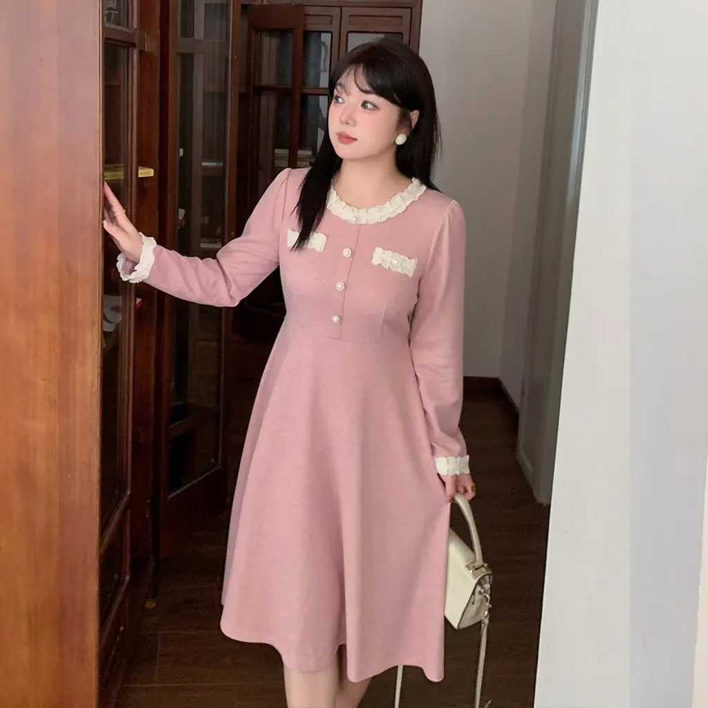 

plus Size Women's Knitted Dress K2863 round Neck Chubby Girl Autumn Fashion Slightly Fat Girl Clothing