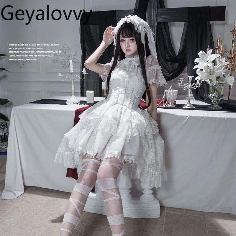 

Japanese Original Gothic Style Stand Collar Short Sleeve Dress Mass Production Lolita High Waist Slim Sweet Girl Dresses