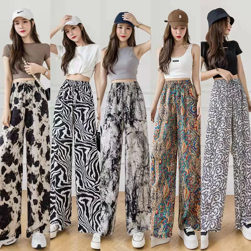 Summer Women Ink Tie Dye Wide Leg Pants Elastic High Waist Straight Pant Ice Silk Casual Trousers