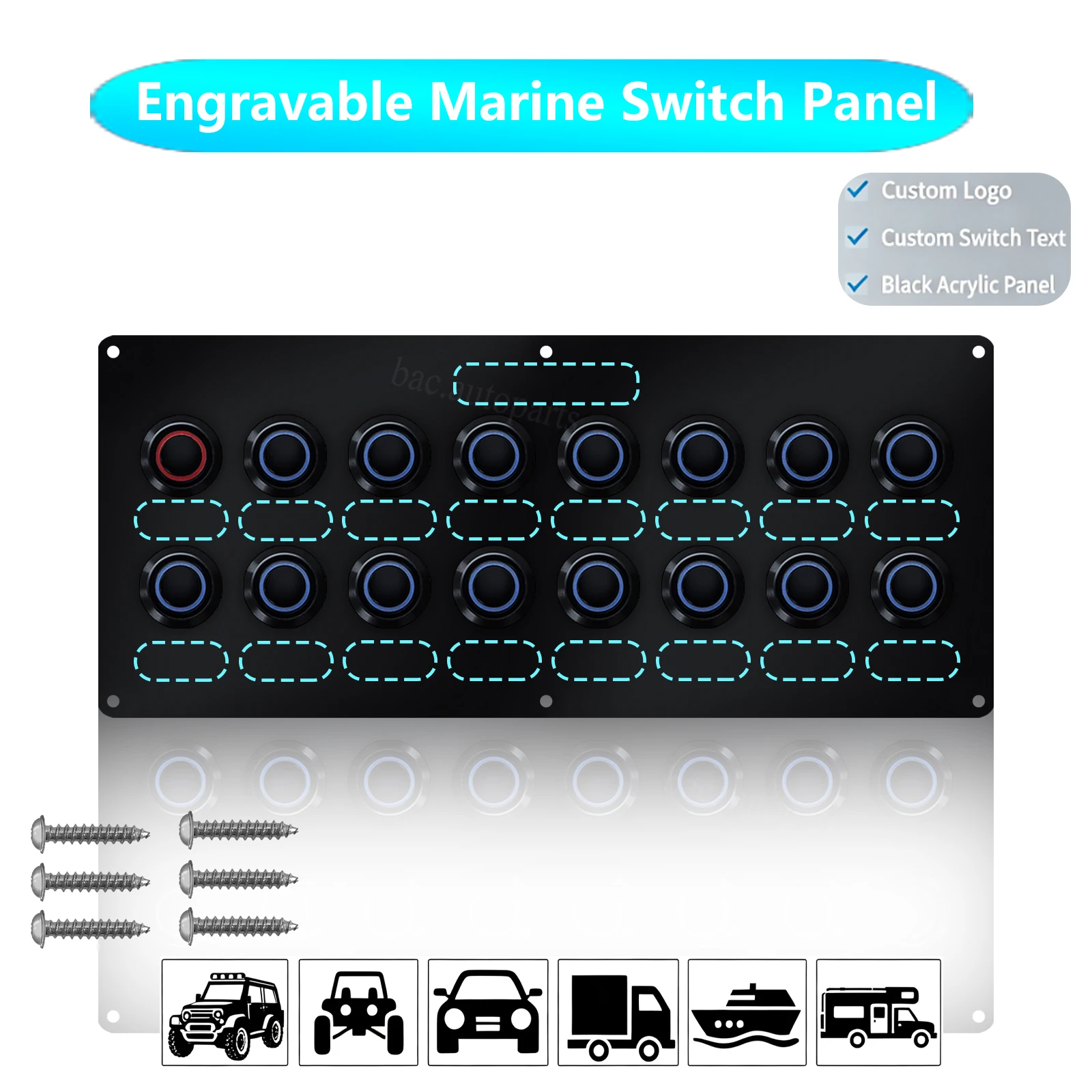12V24V Custom Text/Logo Laser Engraving Stainless Steel Marine Grade Push Switch Panel LED Rocker Dashboard for Yacht Navigation