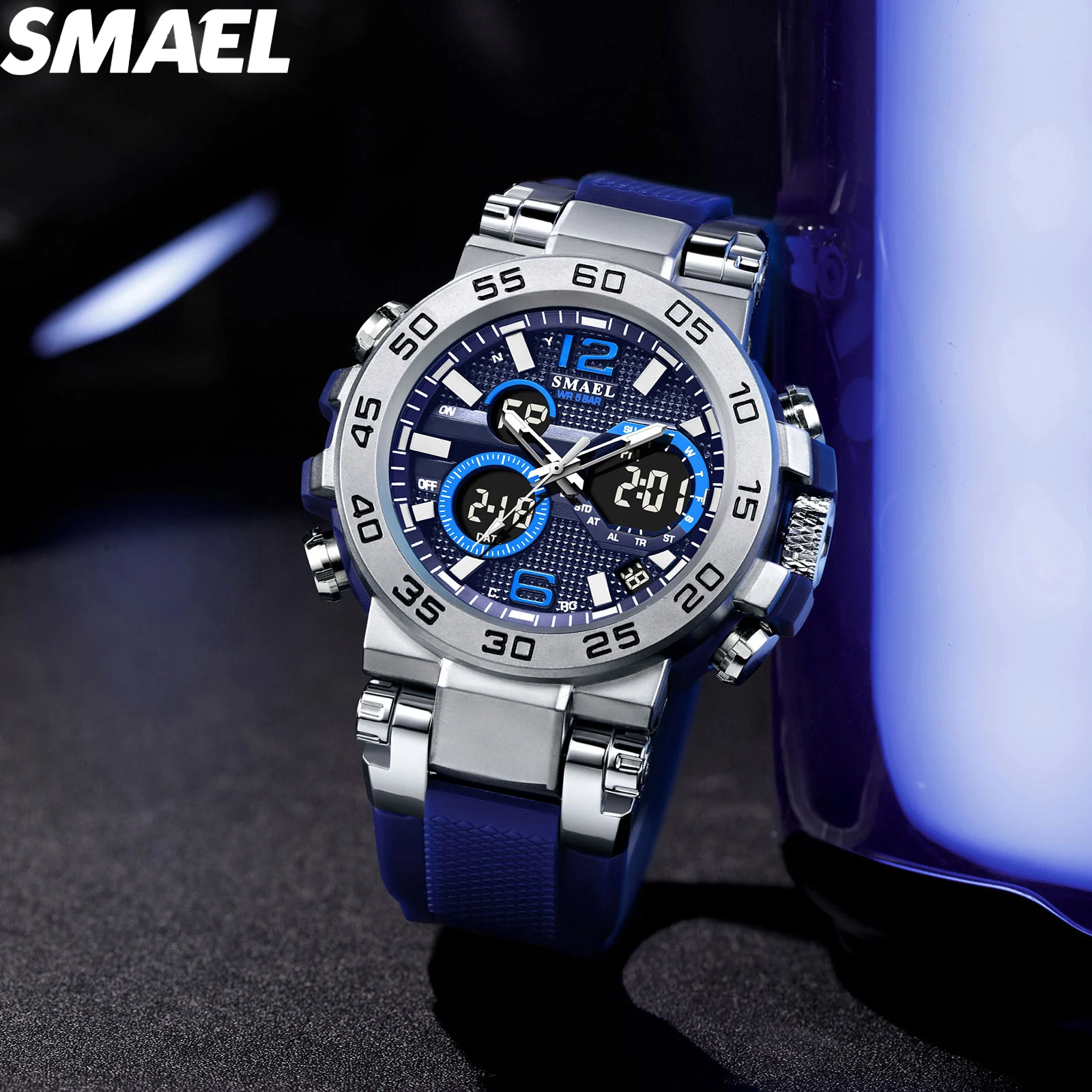 SMAEL  Digital Watches Sports Men LED Watches 50m Waterproof Men's Wristwatch Stopwatch 8106 Back Light Sport Watch Digital
