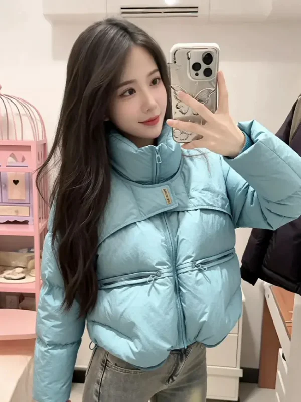 

Корейский Sle Blue ort Thiened, женская хлопковая куртка, зимняя теплая верхняя одежда, модный дизайн, высокий воротник, застежка-молния