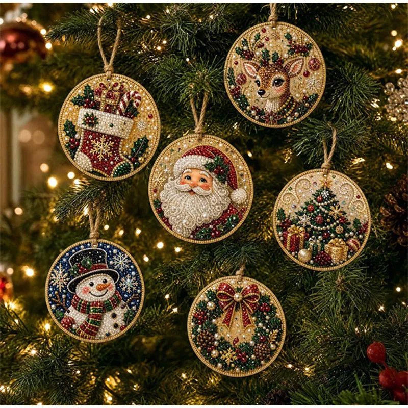 6pcs Christmas Pearl Painting DIY Set Animal Figure Pattern Christmas Tree Wooden Pendant Tag Home Wall Decoration Gifts