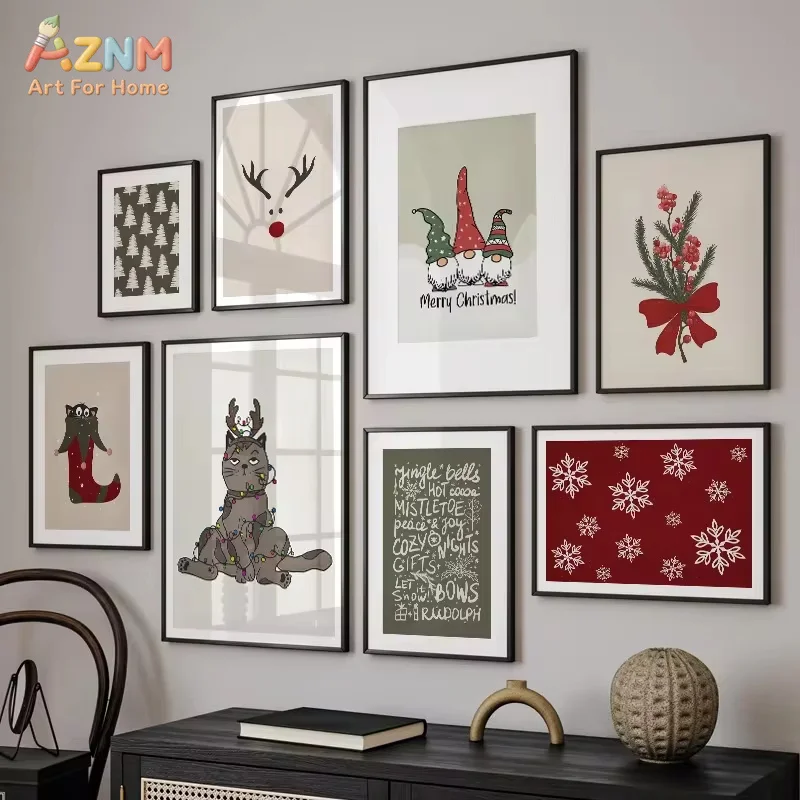 AZNM Cute Cartoon Christmas Element Canvas Poster, Frameless Gnome Cat Reindeer Snowflake Holiday Print Wall Art For Festive Liv