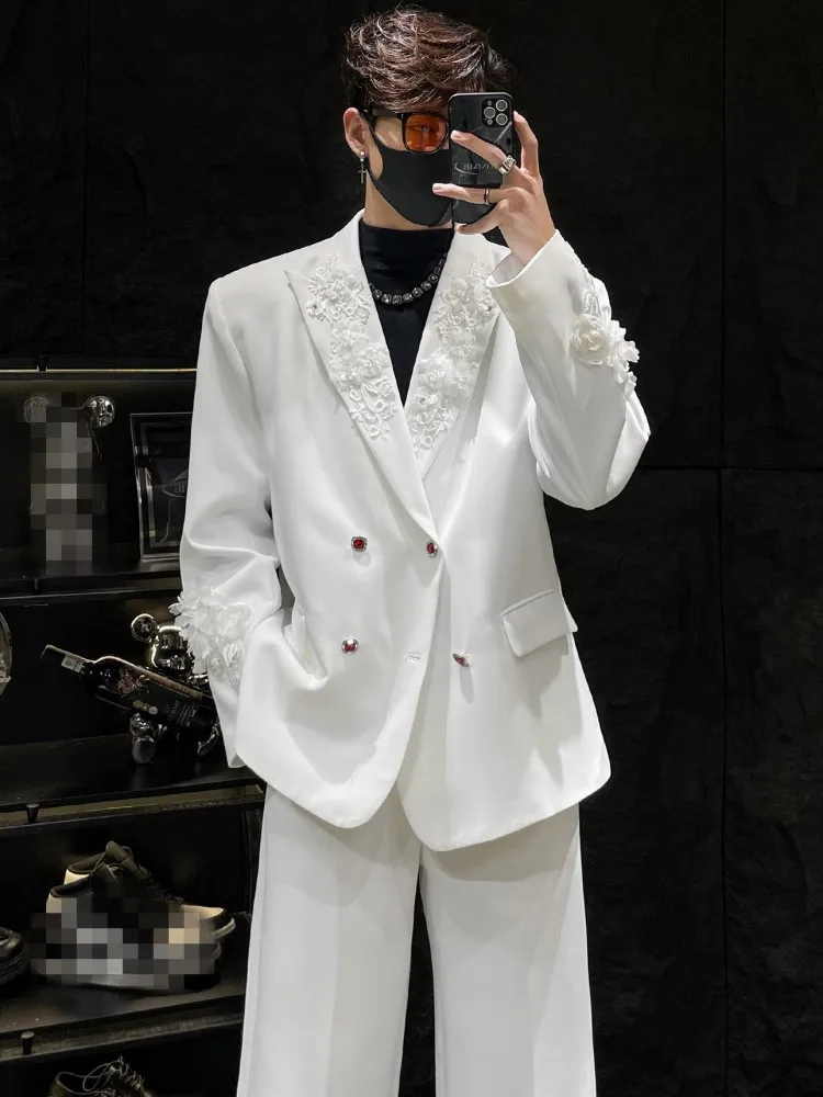 Mens Suits Sets Solid Color Flower Embroidery Double Breasted Blazers Straight Pants Loose Fit Business Casual Two Piece Set