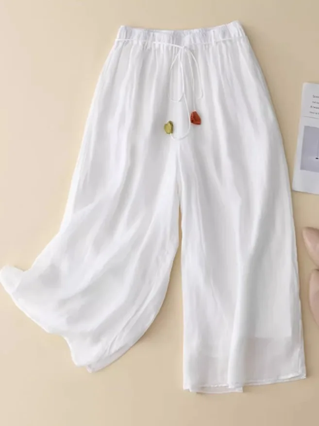 بنطلون نسائي واسع الساق بخصر مرتفع من الكتان، تصميم فني عصري جديد للصيف، بنطلون تنورة فضفاض من القطن والكتان بطول تسعة أرباع
